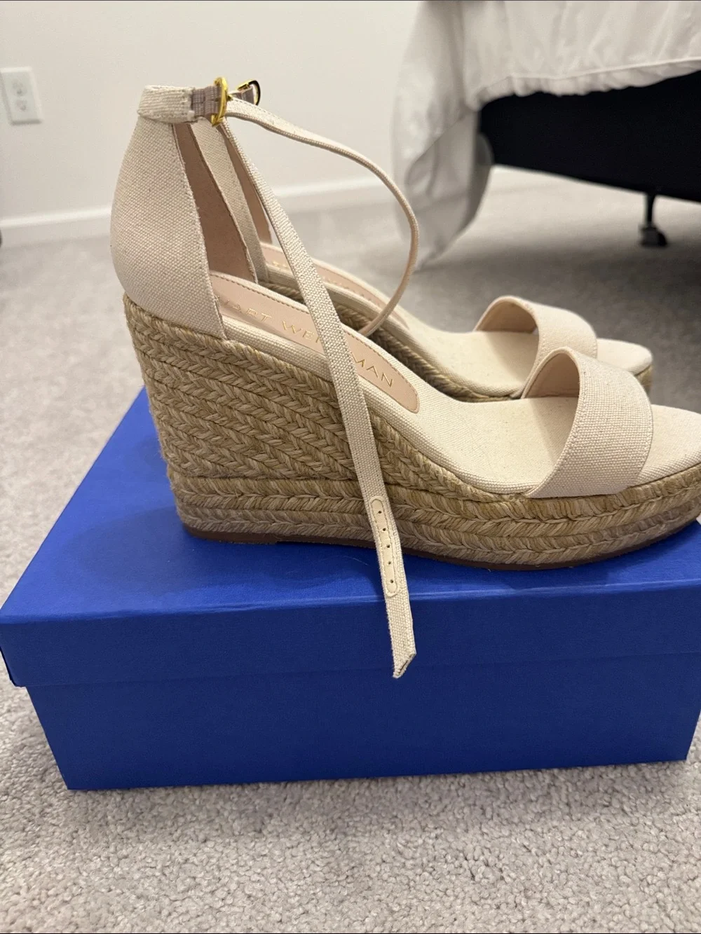 Stuart Weitzman Gala Lift Neutral Canvas Espadrille Wedge Sandals - Picture 4 of 6